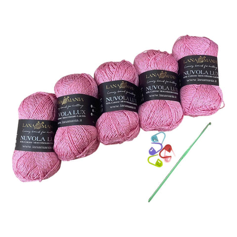 Lotto Nuvola Lux 95% Cotone e 5% Lamé 5pz + Uncinetto 3mm + 5 segnapunti