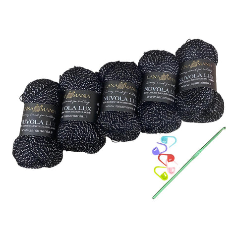 Lotto Nuvola Lux 95% Cotone e 5% Lamé 5pz + Uncinetto 3mm + 5 segnapunti