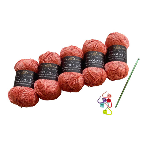 Lotto Nuvola Lux 95% Cotone e 5% Lamé 5pz + Uncinetto 3mm + 5 segnapunti