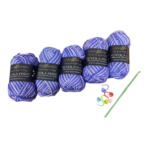 Lotto Nuvola Print 100% Cotone + Uncinetto 3mm + 5 segnapunti