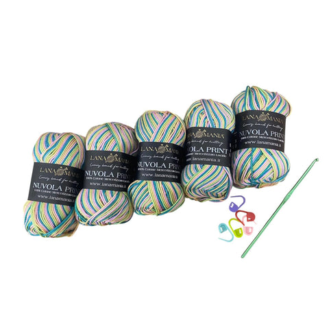 Lotto Nuvola Print 100% Cotone + Uncinetto 3mm + 5 segnapunti