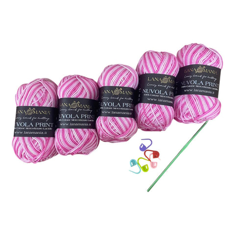 Lotto Nuvola Print 100% Cotone + Uncinetto 3mm + 5 segnapunti