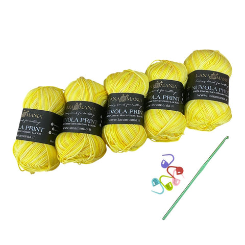 Lotto Nuvola Print 100% Cotone + Uncinetto 3mm + 5 segnapunti