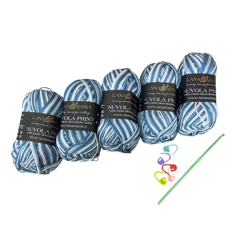 Lotto Nuvola Print 100% Cotone + Uncinetto 3mm + 5 segnapunti