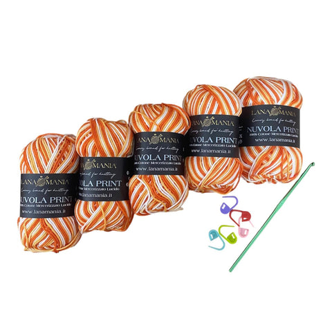 Lotto Nuvola Print 100% Cotone + Uncinetto 3mm + 5 segnapunti