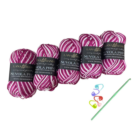 Lotto Nuvola Print 100% Cotone + Uncinetto 3mm + 5 segnapunti